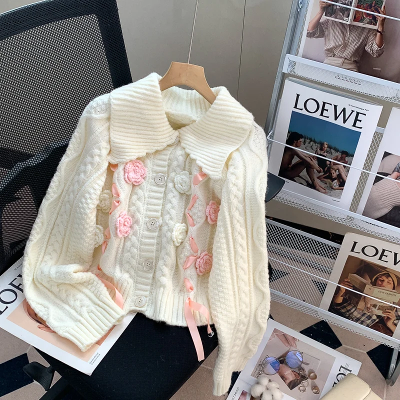 

Short Sweater Cardigans Oversized Women's Coat Flower 2023 Fashion Korean Style Sweet Top 2023 Autumn Winter Knitted Jackets