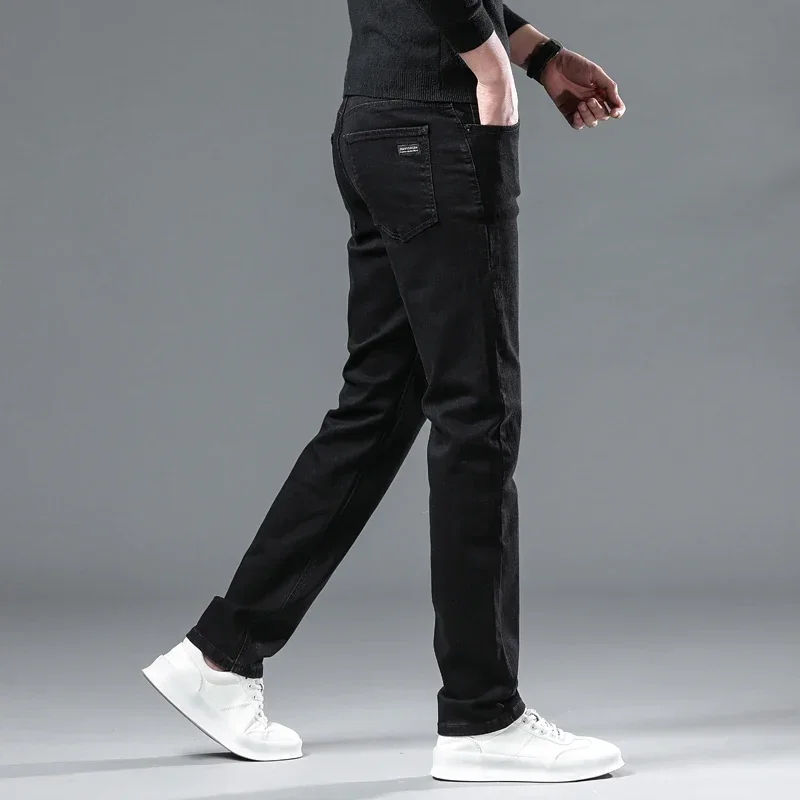 Denim Pants Trousers for Men Winter Black Straight Stretch Thick Velvet Warm Jeans Casual Fleece Line Male Plus Size 40 denim pants denim trousers