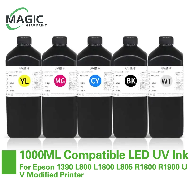 

1000ML LED UV Ink For DX4 DX5 DX6 DX7 DX10 TX800 XP600 Printhead For Epson 1390 L800 L1800 L805 R1800 R1900 UV Modified Printer