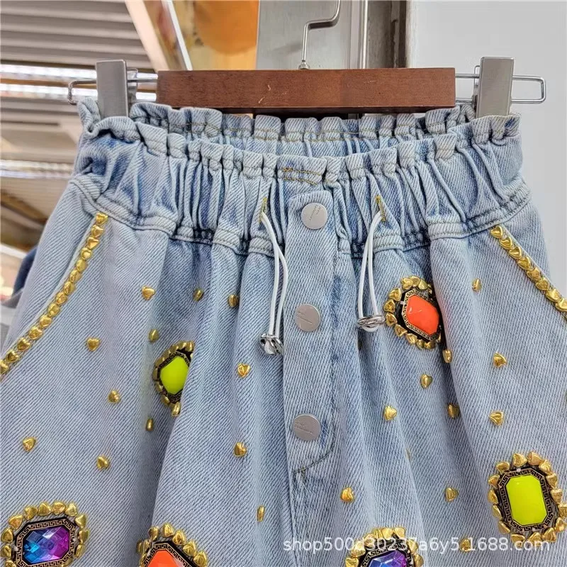 Street Style Beaded High Waist Denim Shorts 2024 Summer European Goods Exquisite Rhinestone Gem Wide Leg Shorts for Women