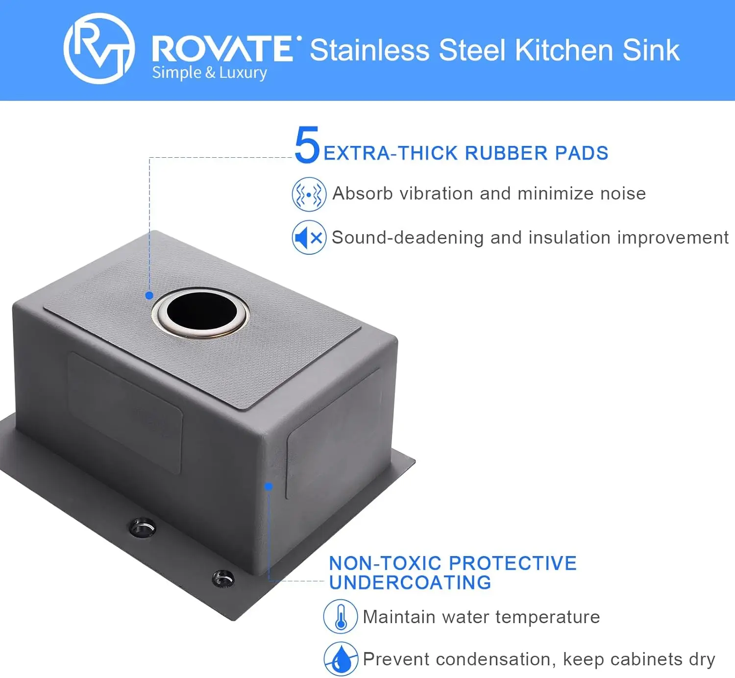 ROVATE 20x16 inch Drop-in Kitchen Sink Single Bowl Black Nano Top-Mount Kitchen Sink Handmade 304 Stainless Steel Overmount