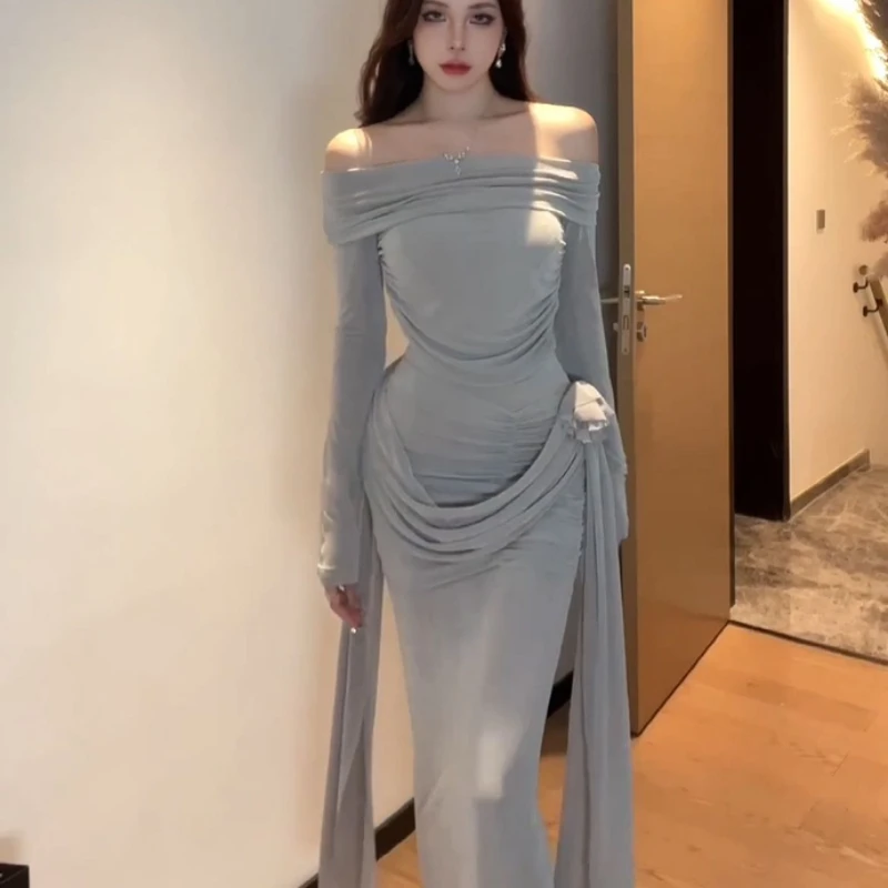 

Micro-fat Mm European and American Style Luxury Sense Word Collar Long Sleeve Fold Waist Pocket Hip Long Dress Summer Dress