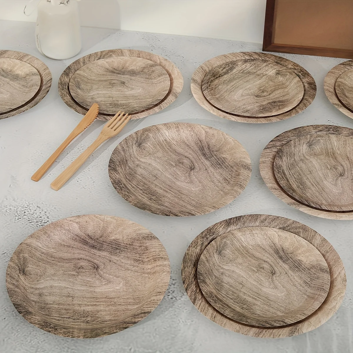 10pcs/Set Retro Imitation Wood Grain Disposable Dining Plate, Wood Grain Decorative Paper Plate Set
