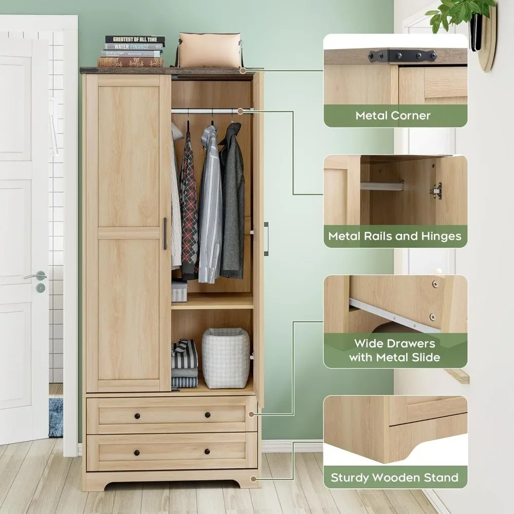 71" Wooden Armoire Wardrobe Closet with Adjustable Shelf and Hanging Rail, Freestanding Closet Wardrobe with 2 Wide Drawers 5