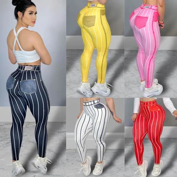 Leggings sportivi da donna a vita alta Pantaloni da yoga elasticizzati con stampa a righe Pantaloni casual push up da palestra per allenamento fitness attillati sexy