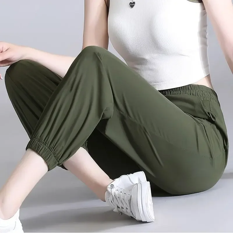 Ice Silk Quick Dry Thin Outdoor Casual Sports Pants Spring Summer New Fashion Women Elastic High Waist Breathable Harem Trousers