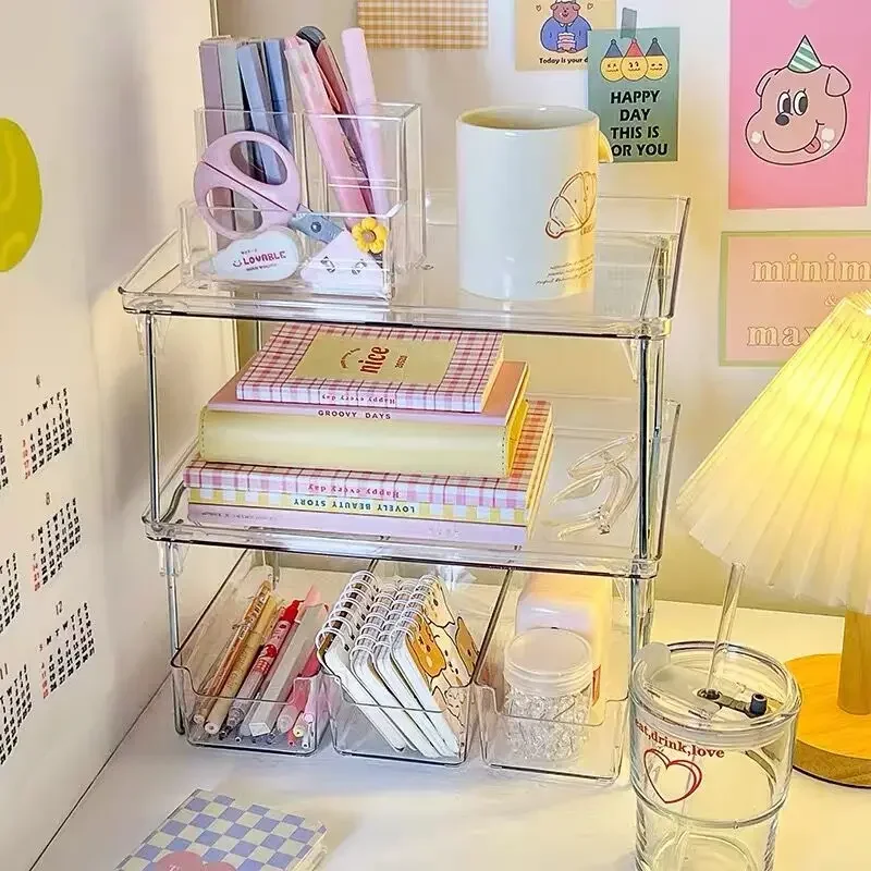 INS Foldable Transparent Desktop Storage Rack Office Cosmetics Makeup Storage Box Stationery Storage Rack Desk Organizer 4