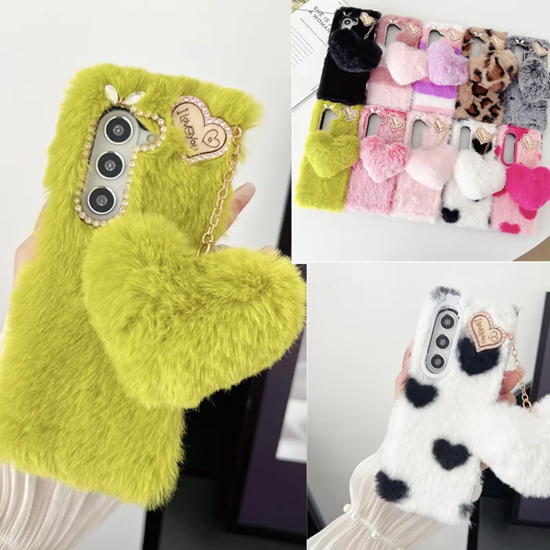 For Samsung Galaxy Z Fold 5 Case Korea Cute Fluffy Plush Love Pendant Phone Case For Galaxy Z Fold 4 Cover Z Fold3 Z Fold2 Fold1
