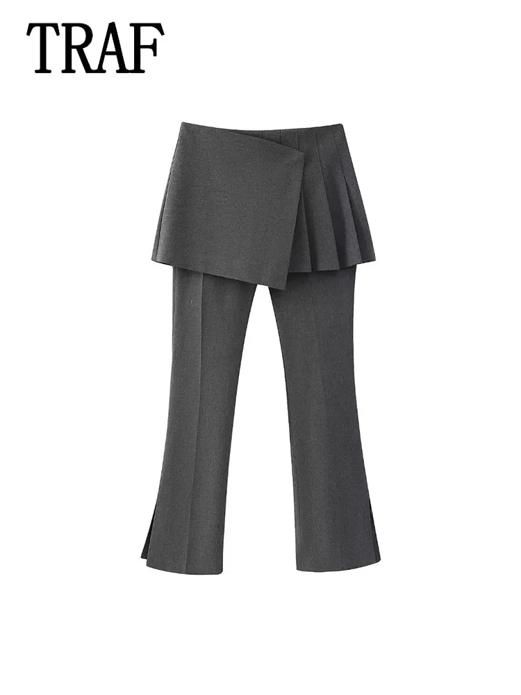 

TRAF Woman Pleated Long Pants 2024 Spring Autumn Fashion High Waist Vintage With Folded Casual Elegant Slim Trousers