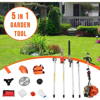 Gas Powered Hedge Trimmer 41.5cc 5 in 1 Multi Functional Garden Trimming Tools Gas Weed Eater Long Reach Pole Saw 5