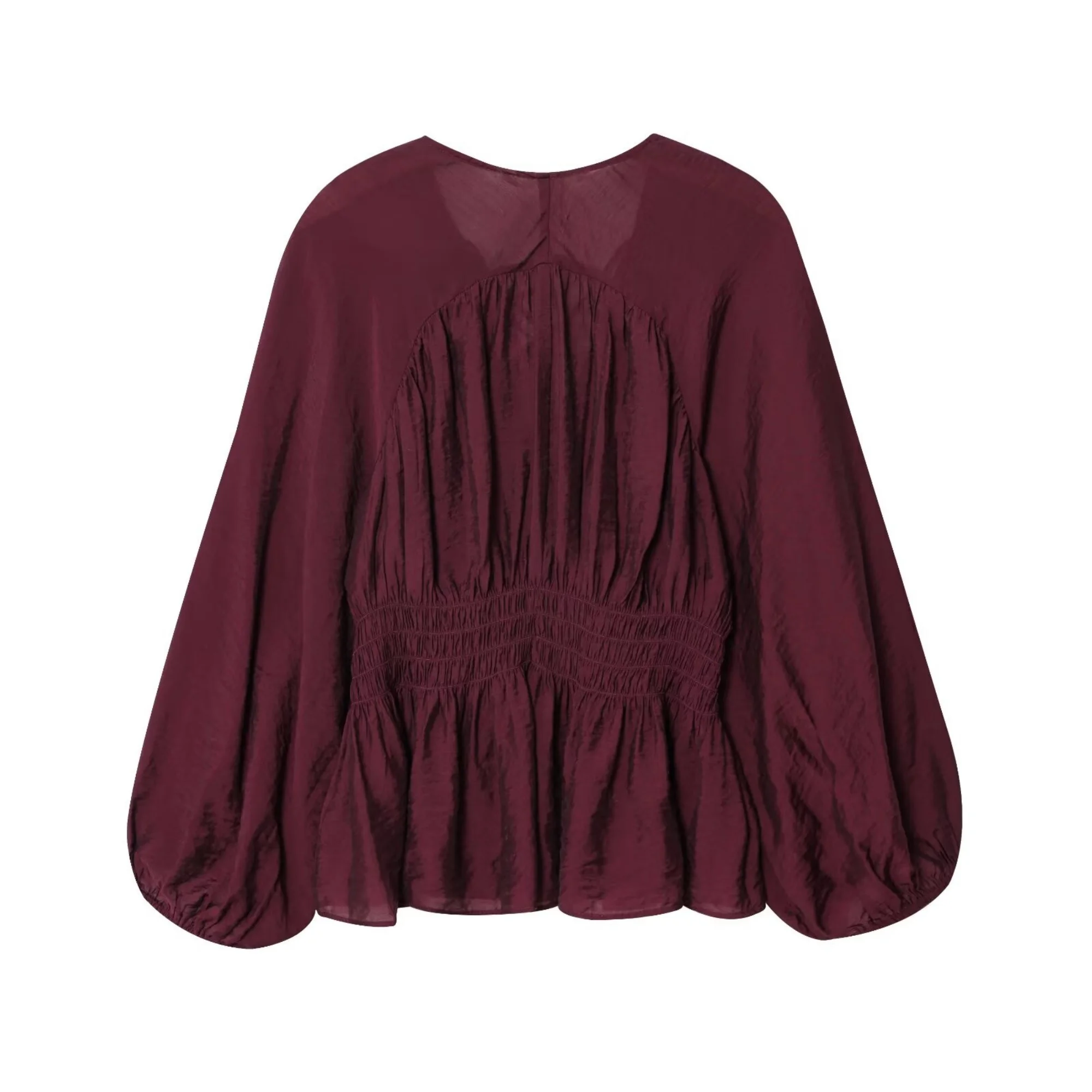 2025 Autumn Women's Casual Fashion Simple Blouse Temperament Versatile V-Neck Drawstring Design Pleated Long Sleeves Shirt Top