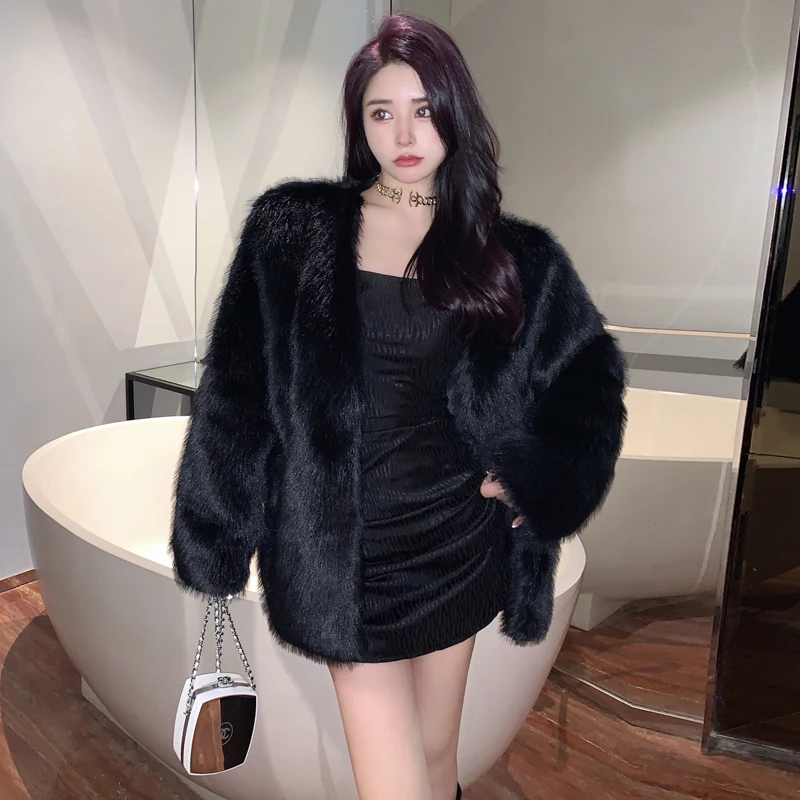 Korean style young women winter long sleeves faux fur coat cardigan design long loose female fur outerwear thick warm jackets