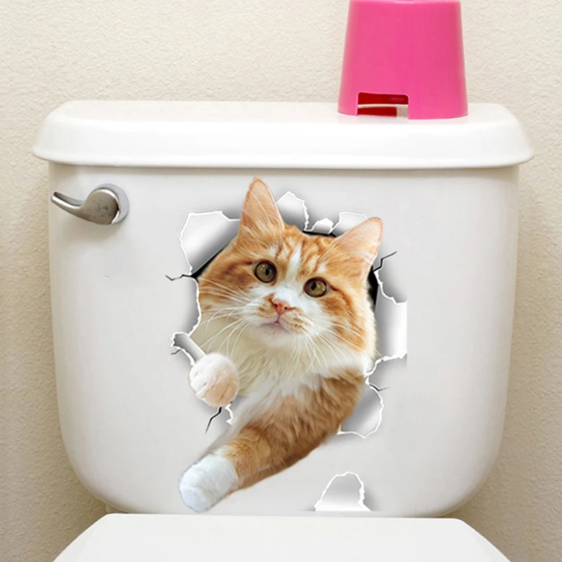 3D Kitten Toilet Seat Stickers Decals Waterproof Peel & Stick Restroom Animal Decals Decor for Bathroom Washroom