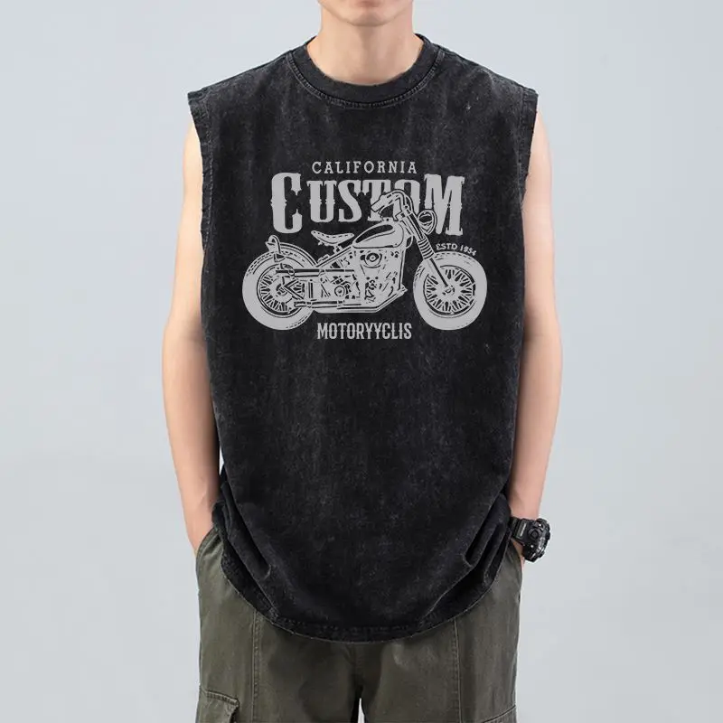 Fashion Casual Style Wash To Do Old Vest Men's Summer Loose Fitness Sports High Street Vest American Retro Sleeveless T-shirt