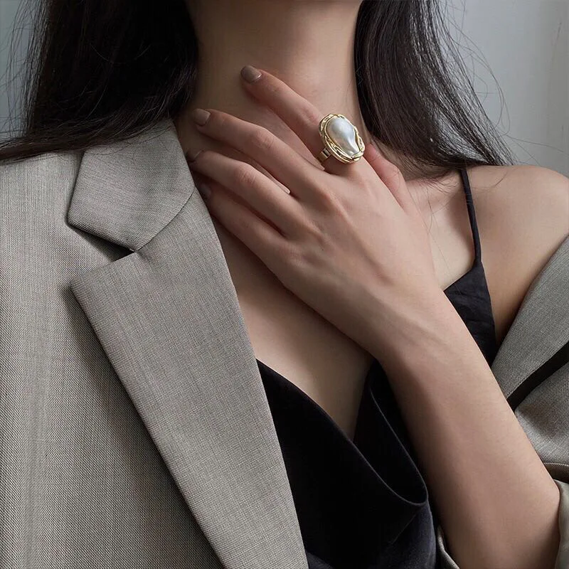 Women's Baroque Imitation Pearl Finger Ring Commuting Versatile Opening Jewelry