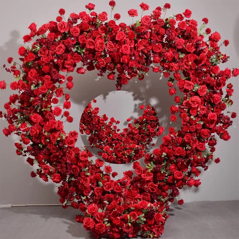 

Luxury Heart Shaped Frame With 5D Red Artificial Flowers Wedding Backdrop Decor Floral Arch Arrangement Decor Event Party Props