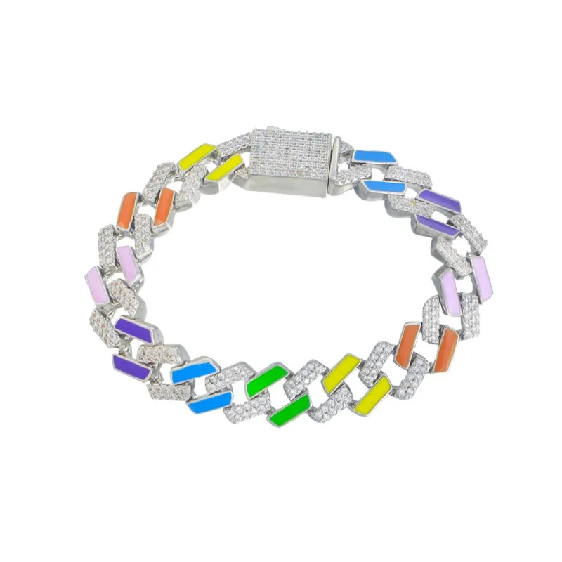 

Male and Female Hip Hop Colorful Cuban Bracelet Nightclub Party Micro Set Zircon Colorful Dripped Oil Full Diamond Bracelet
