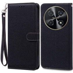 Leather Flip Wallet Phone Case - Soft TPU Silicone Protective Cover for Huawei Nova 12i (Black - Strap)