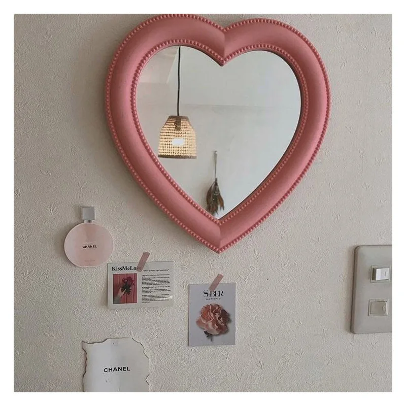 Ins Korean Love Heart Cosmetic Mirror Wall Hanging Dormitory Dressing Pink White Mirror Living Room Decorative Mirrors For Girls cosmetic mirrors