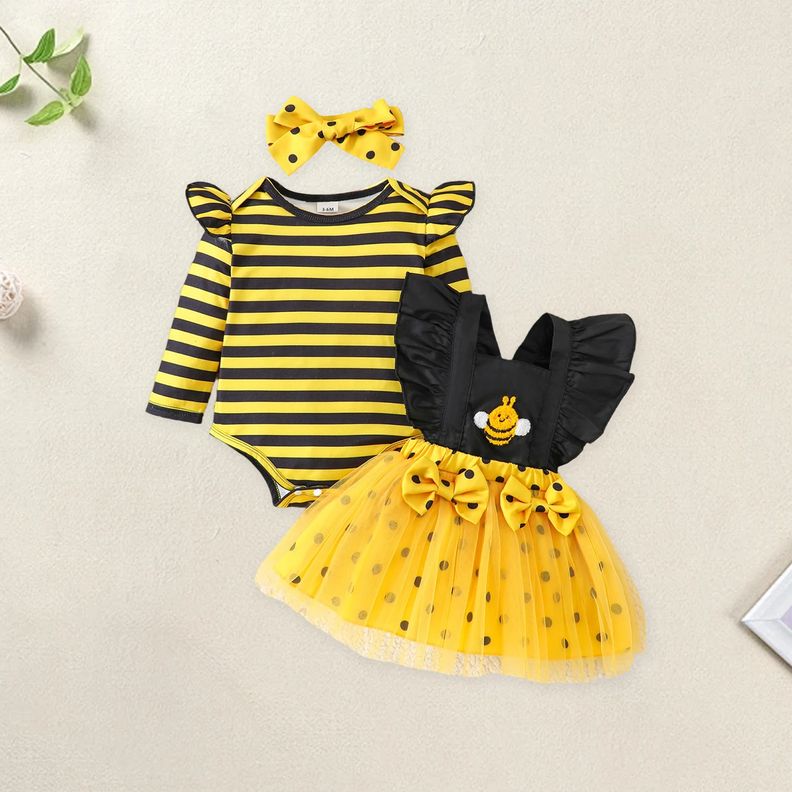Completo per neonata: Tutina a maniche lunghe a righe, vestito con pettorina e fascia per capelli, set costume da ape per neonati - immagine 5