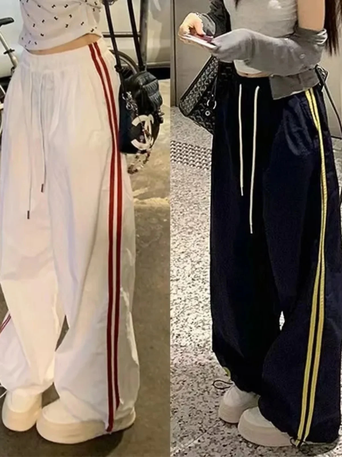 American Sports Splice Stripe Casual Pants Women Summer Loose Waist Wide Leg Pants High Waist Long Pants Commute Sle