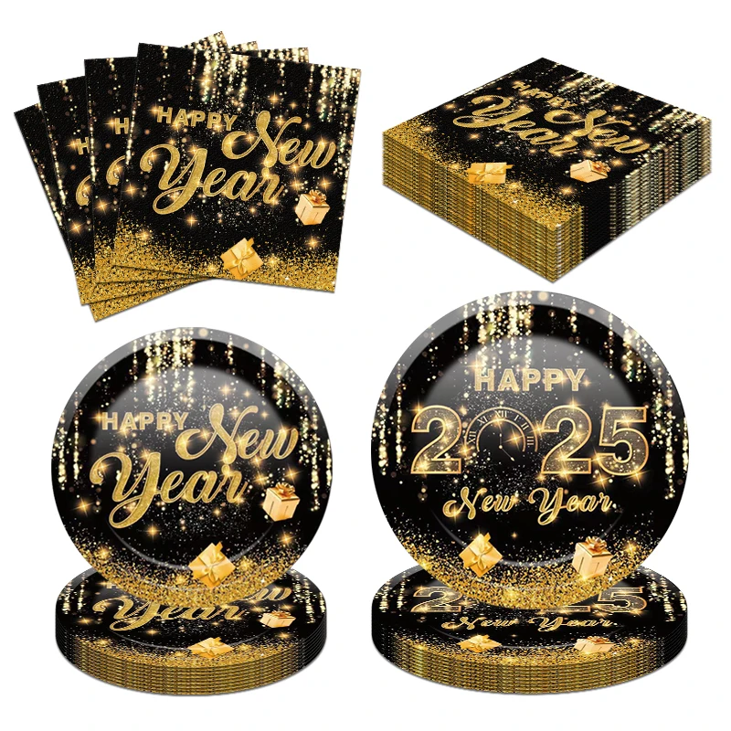 Happy New Year 2025 Black and Gold Party Tableware Set Disposable Paper Decorations Supplies Include 10 Plates 9",10 Plates 7" a