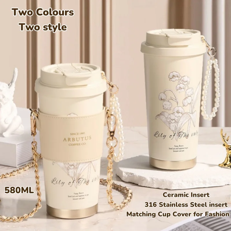 High Grade Elegant Flower Ceramic Liner 316 Stainless Steel Bell Orchid Coffee Mug Hot Cold Thermal Mug Gift Leather Sleeve