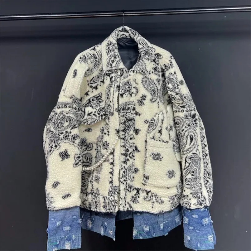 

Флисовая Куртка с белым принтом на заказ, флисовая куртка в стиле пэчворк, свободная модная куртка из 2 частей для мужчин и женщин, хлопковое пальто Y4143