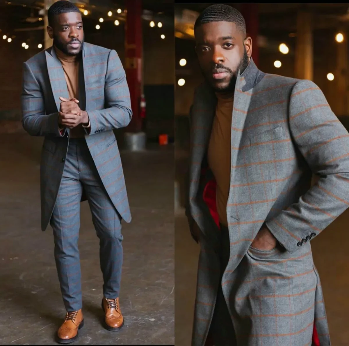 Casual Gray Plaid Long Mont Erkek Slim Fit Peak Lapel Groom Formal Tuxedos Prom 2 Pieces Sets Classic Male Blazer Traje Hombre