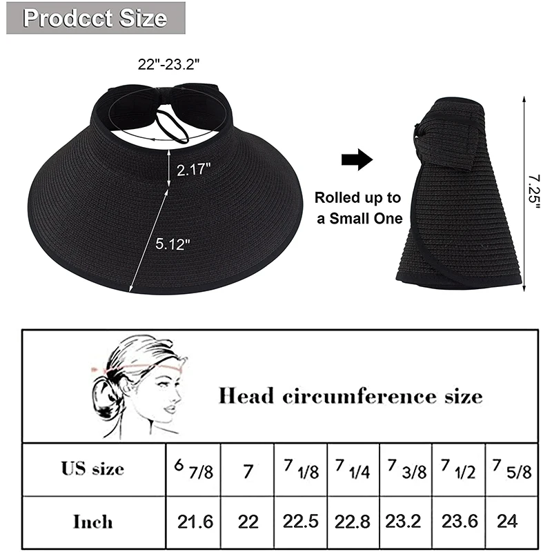 2023 New Women Roll Up Sun Visor Wide Brim Straw Hat Summer Foldable Packable UV Protection Cap for Beach Travel Bonnet 6