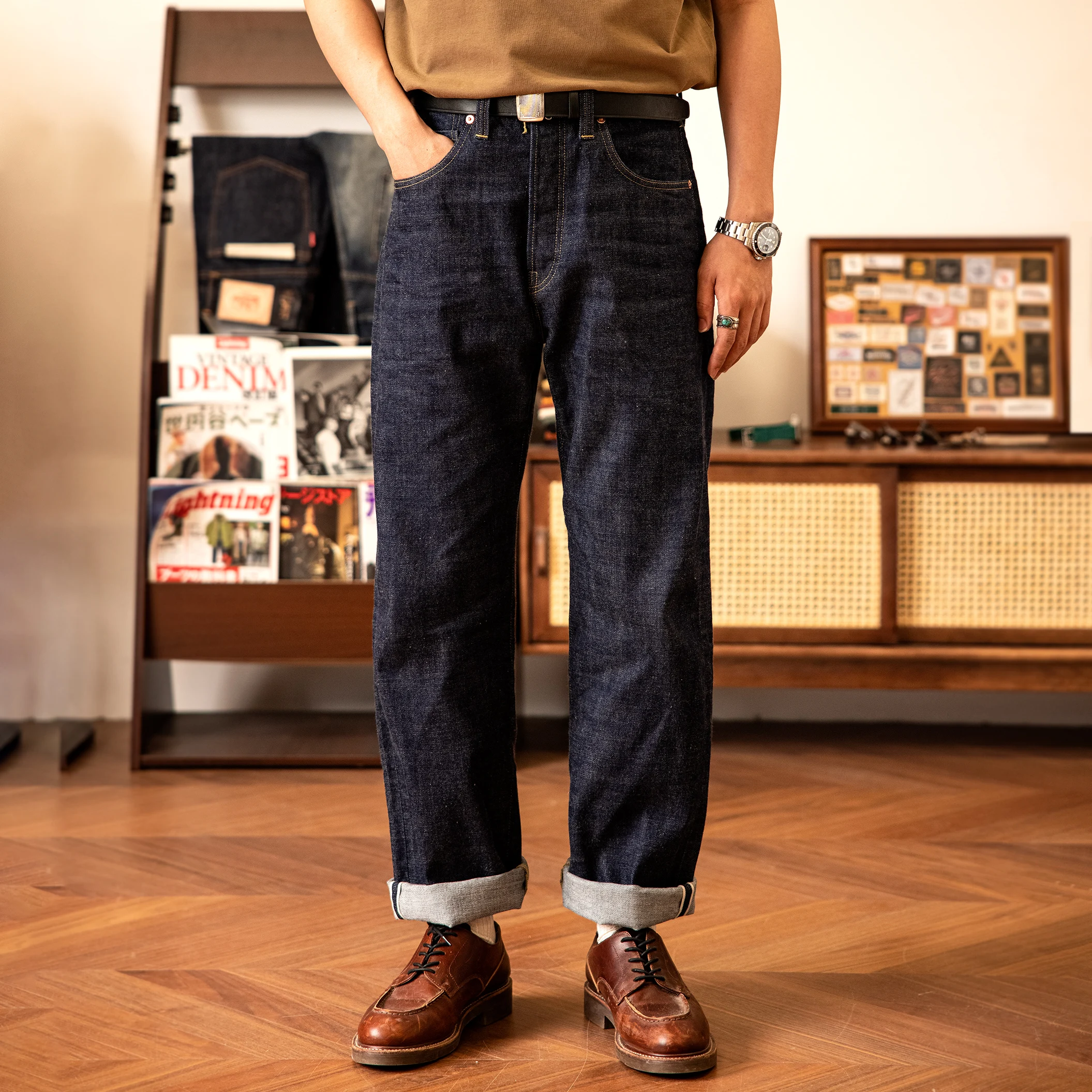 S1000XX-0002 RedTornado High Waist Indigo Selvage Washed 14oz Pants Sanforised Thick Loose Fitting Raw Denim Jean 4