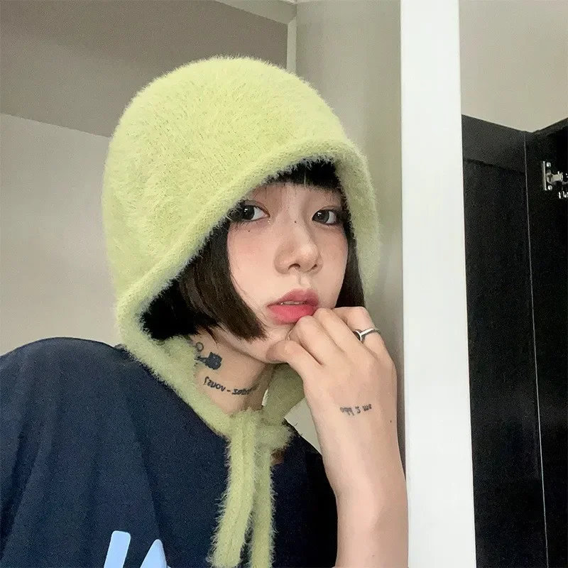 Y2K Cute Beanie Autumn Winter Women Warm Japanese Knit Hat Pile Caps Men Ear Protection Tie Pullover Hat Gorro Bonnet