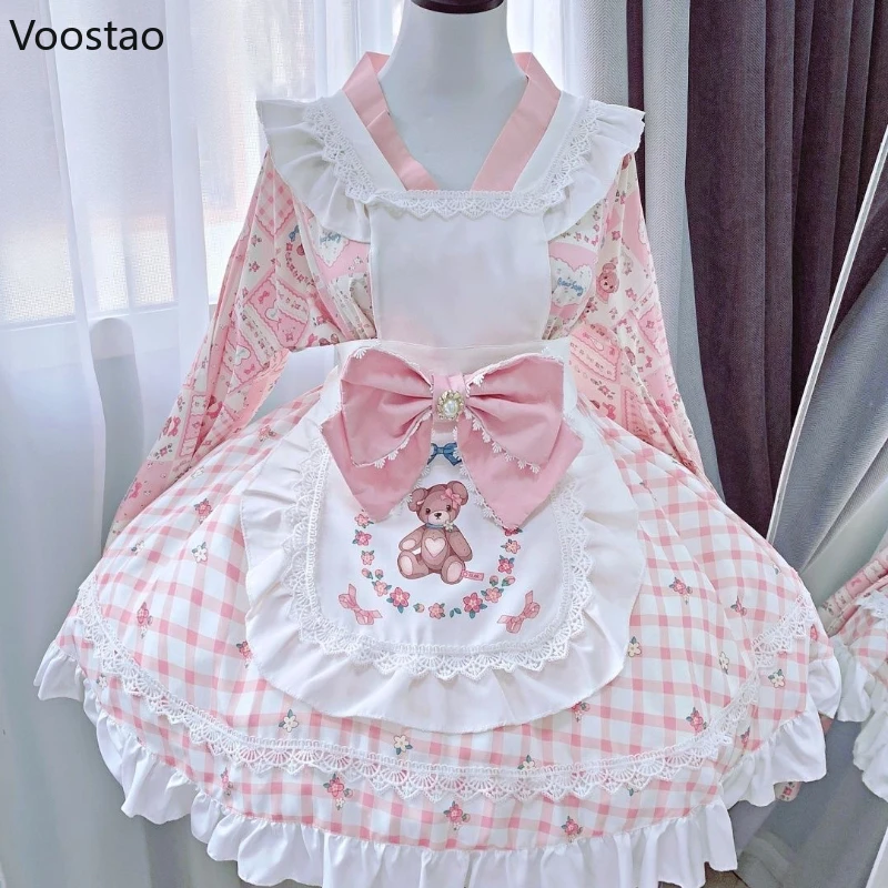 Japanese Kawaii Lolita Maid Dress Sweet Cute Cartoon Bear Print Y2k Party Dresses With Bow Apron Cosplay Kimono Dress Pink Sets
