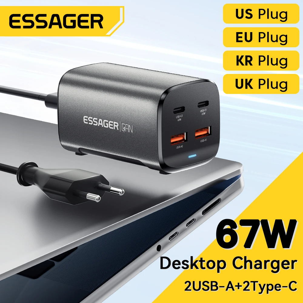 

Essager 67W USB C GaN Charger Desktop Quick Charge 4.0 QC 3.0 PD Type C Fast Charging For MacBook Samsung POPC iPhone 15 Laptop