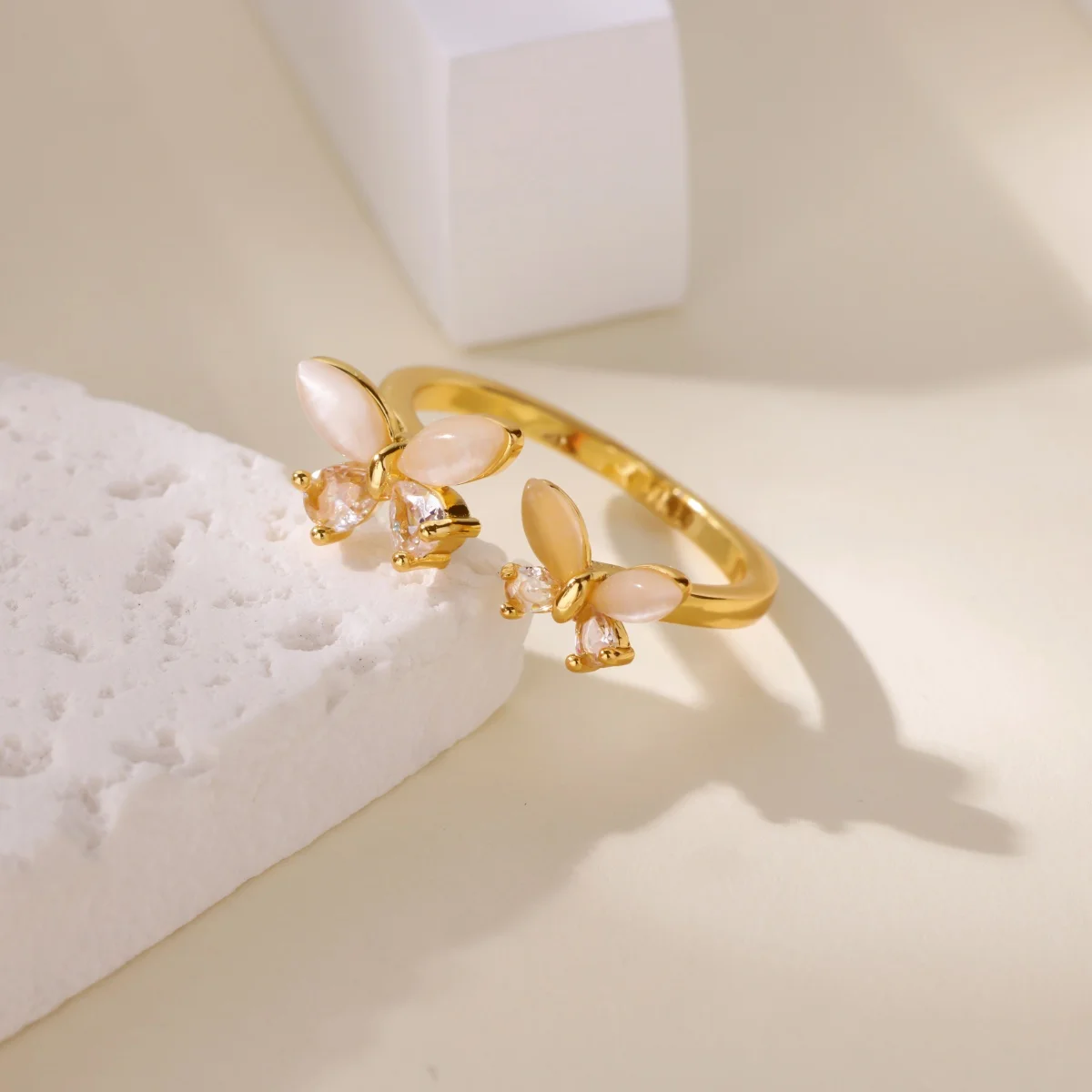 Luxury Zircon Butterfly Rings Double Stainless Steel Gold Color