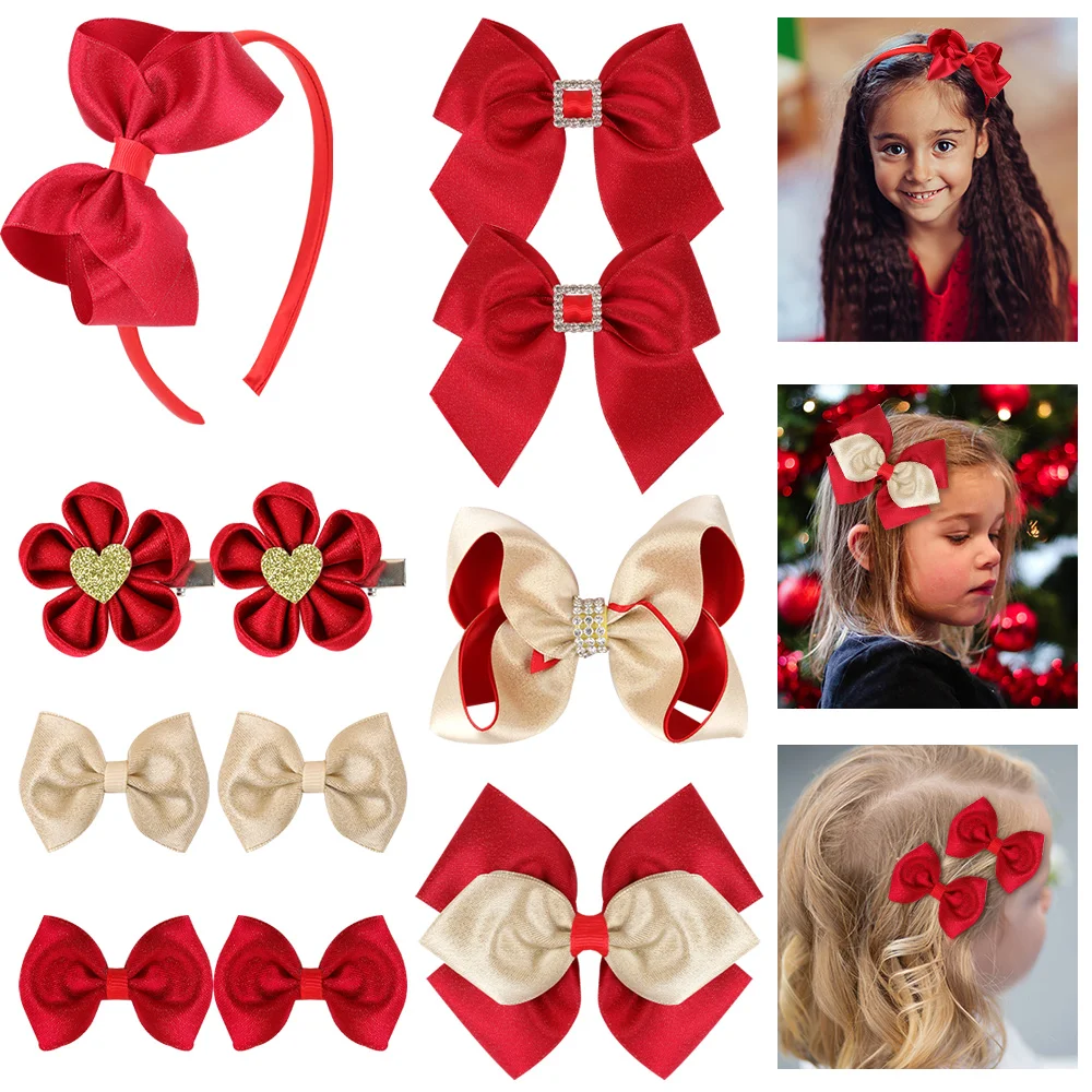 ncmama New Year 2023 Bows Hair Clips Hair Bands Gold Red Hairbows Floral Hairpins with Rhinestone Hair Accessories for Girls