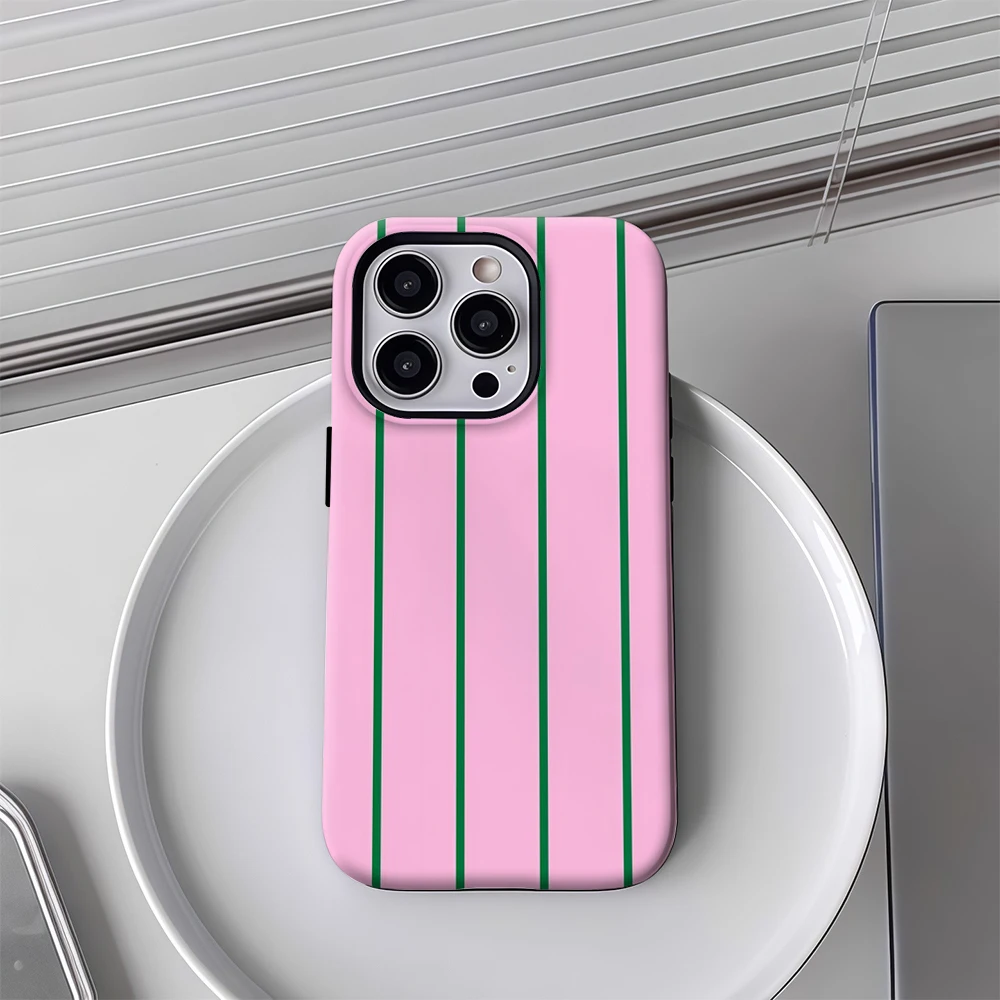 Luxury Double-Layer Phone Case with Pink and Green Stripes