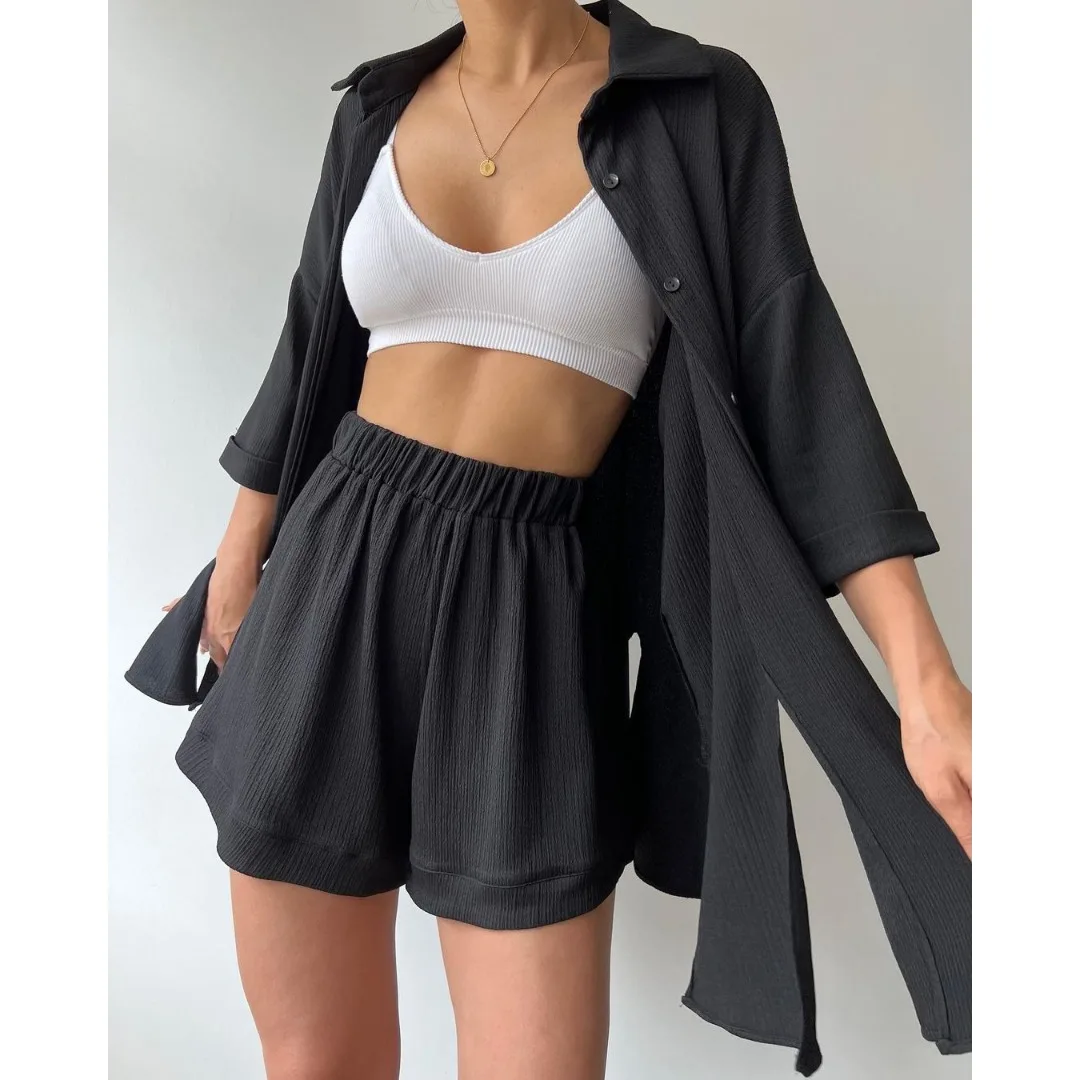 Women Shorts Set Short Sleeve Cardigan Shorts Two-piece Set Pajamas Loungewear Casual Loose Nightwear Solid New