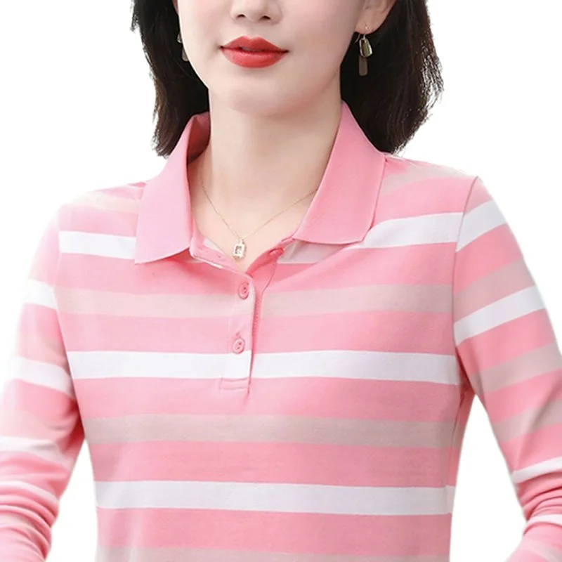 Polo a Righe alla Moda a Maniche Lunghe in Misto Cotone, Stile Versatile e Snellente per Donne di Mezza Età, Casual e Confortevole - immagine 6
