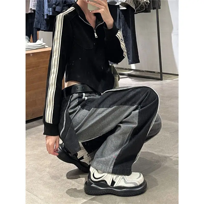 Contrast color straight leg high street pants New design sense jeans Lengthened women's  loose pants Autumn