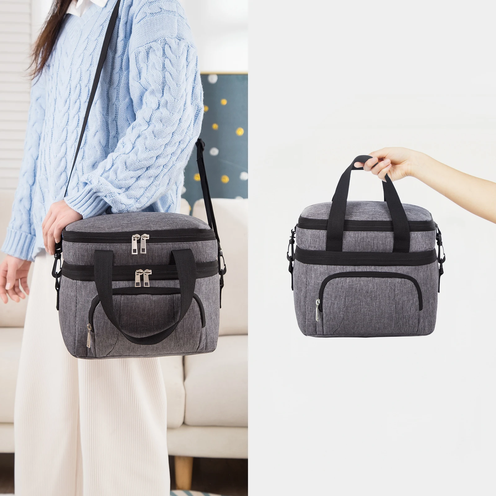 Double Insulated Lunch Bag Layer Portable Thermal Lunch Box Waterproof Picnic Heat Insulating Bag with Adjustable Strap 6