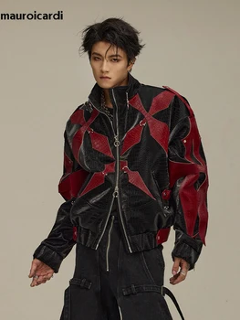 Mauroicardi Spring Autumn Cool Handsome Crocodile Print Patchwork Pu Leather Jacket Men Color Block Luxury Designer Clothes 2024