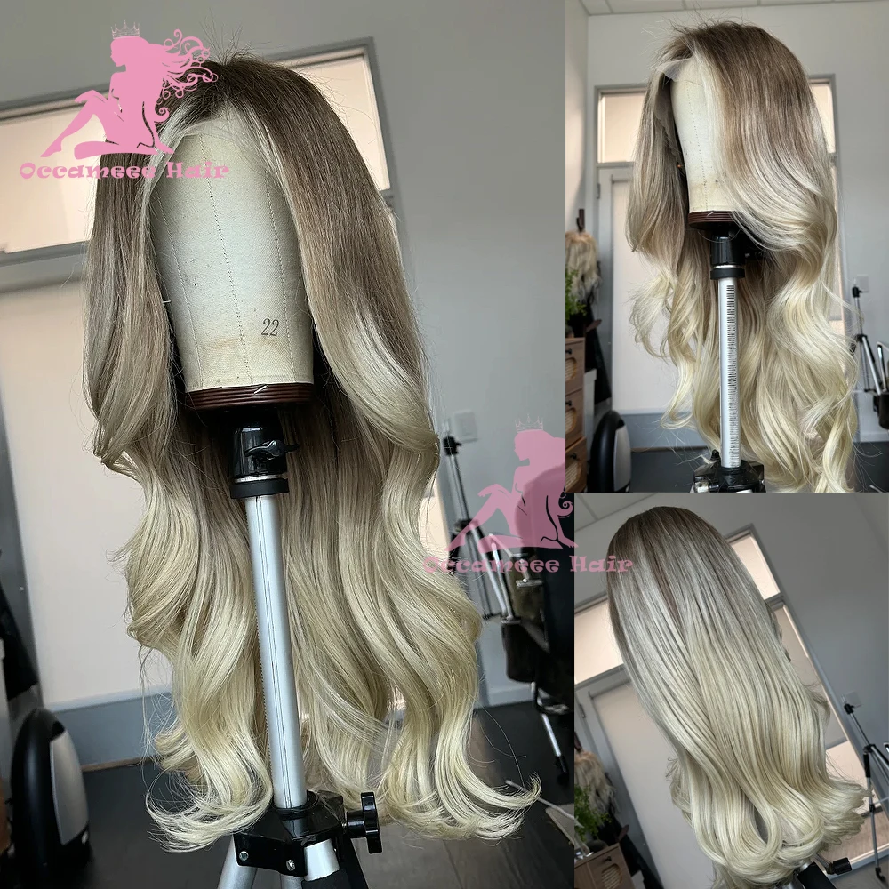 Ash Blonde 13x6 Lace Frontal Wig Human Hair Natural Wave Transparent Lace Highlights Dark Brown Roots Preplucked 613 colored wig