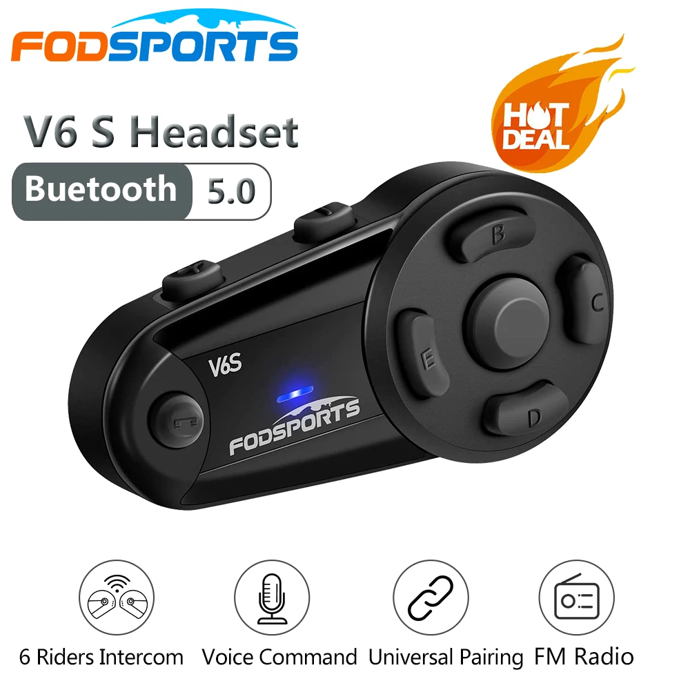 Fodsports V6 S Interfono Per Casco Moto Auricolare Bluetooth 6 Riders Intercomunicador Moto
