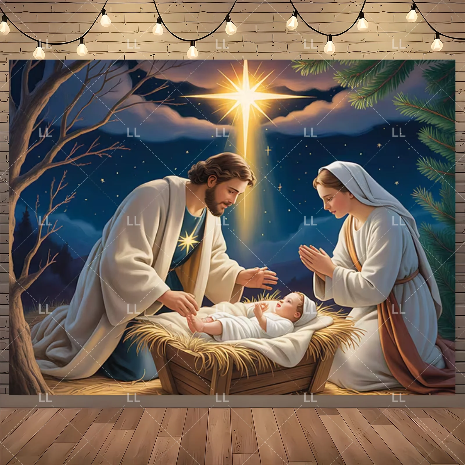 Starry Night Nativity Scene Backdrop - Traditional Christmas Party Decor and Photo Prop