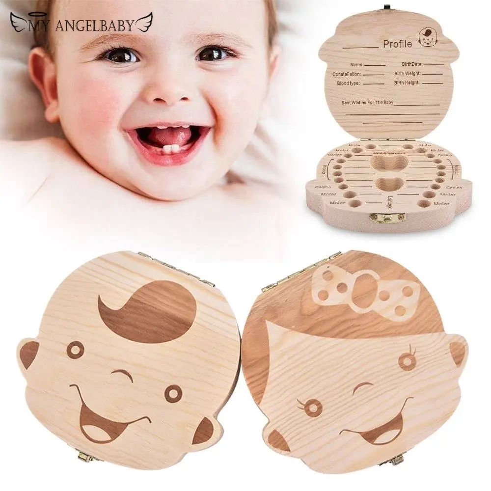 Tooth Box Storage English Spanish Text Baby Boy Girl Wood Case Save Milk Teeth Collection Organizer Holder