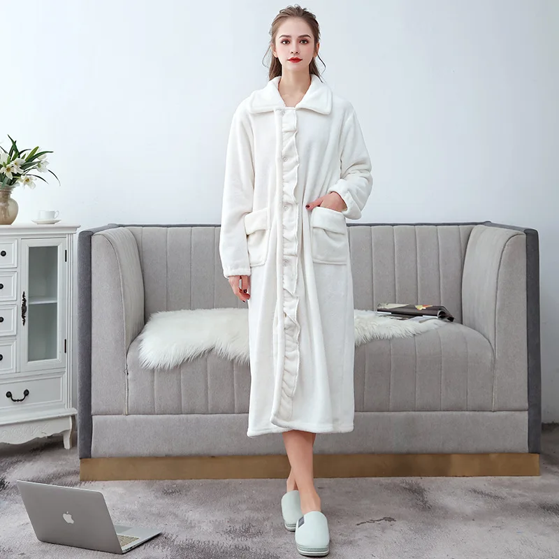 Autumn Winter Long Flannel Bathrobe Home Wear Clothes Dressing Gown Women's Coral Fleece Soft Nightdress Warm Bath Robes