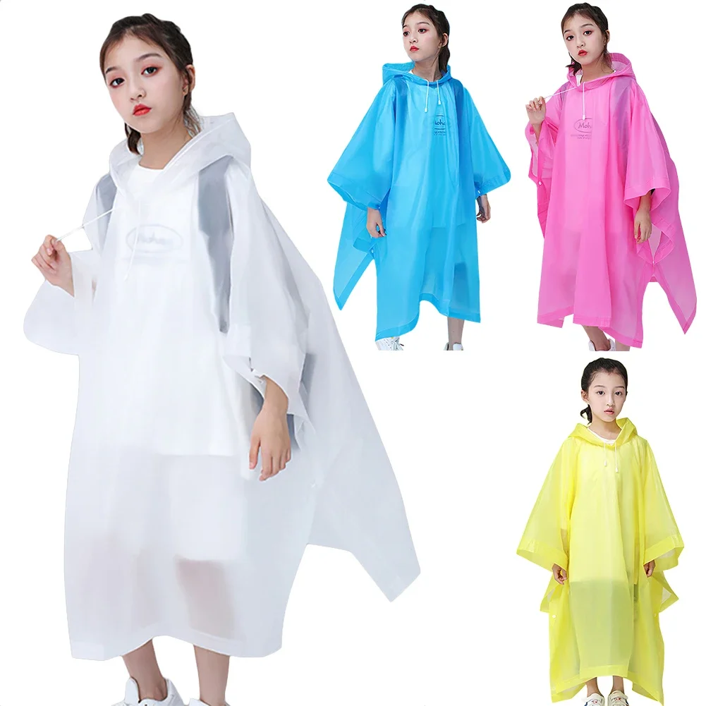 Outdoor Rainwear Single-person Rainwear Reusable Rain Coat with Drawstring Hood Rain Gear EVA for 6-12 Years Old Children Unisex