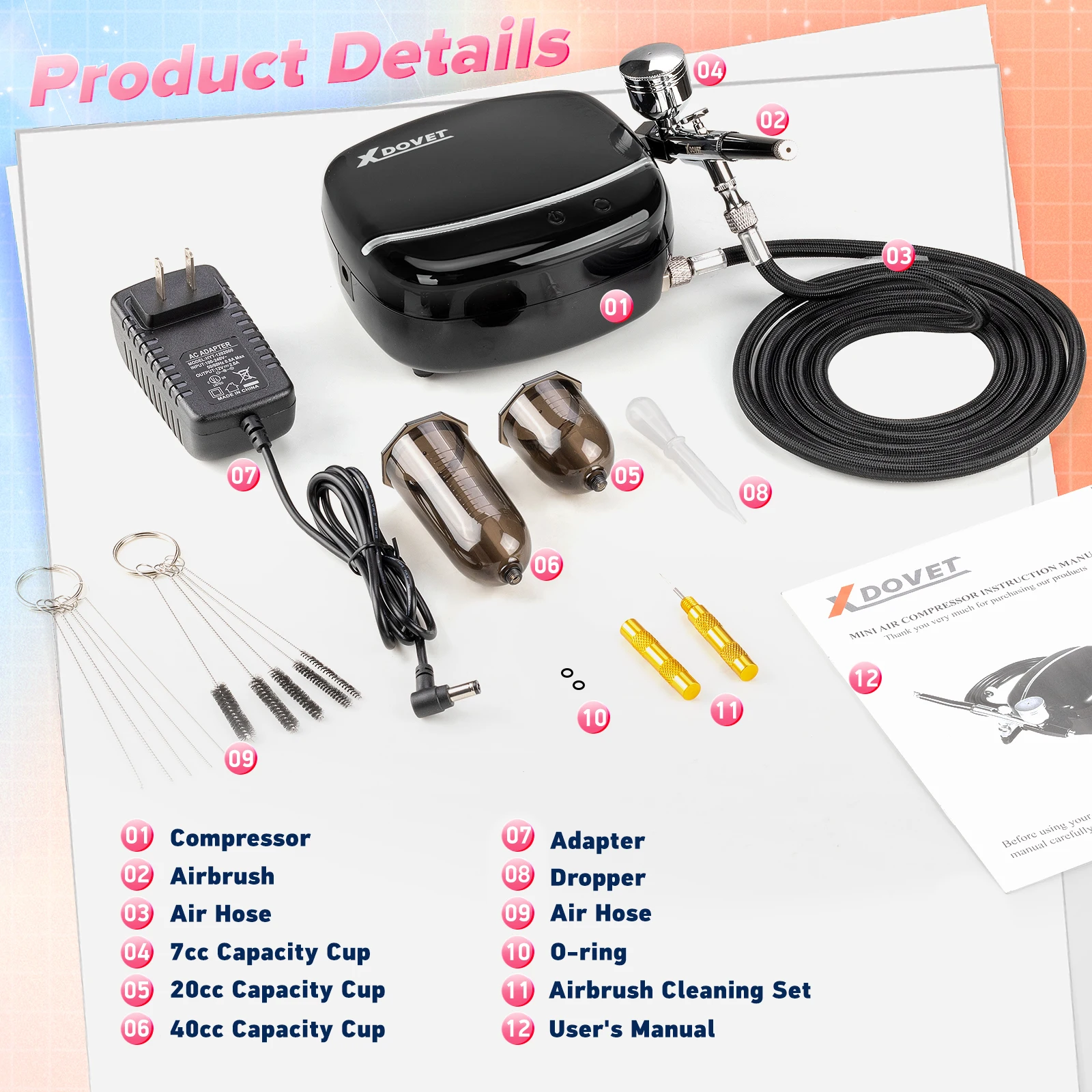 Xdovet  귯 ŰƮ,  , 3  ӵ , 0.3mm ϵ, 7CC, 20CC ,  ׼  귯 Ʈ, 40PSI
