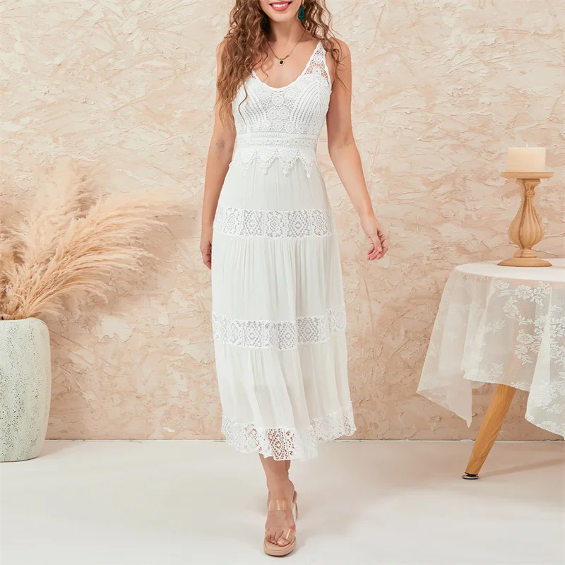 

Summer crochet Lace Floral Patchwork A-line Long Dress Women Party Elegant Sleeveless Backless High Waist Beach Ruched Dresses